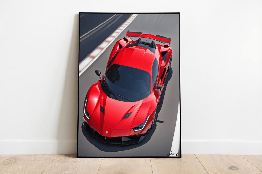 Rev up your living space with "Capture the Thrill: Ferrari F8 Artwork"! This stunning framed high gloss print is not just any art piece—it's a celebration of automotive excellence. The artwork features a sleek red Ferrari F8, strategically angled as if it's speeding on a race track, showcasing its sharp aerodynamic lines and impressive rear wing that shout high performance. Set against a minimalist white wall on a classic wooden floor, this masterpiece is sure to be the focal point in any room. Get ready to