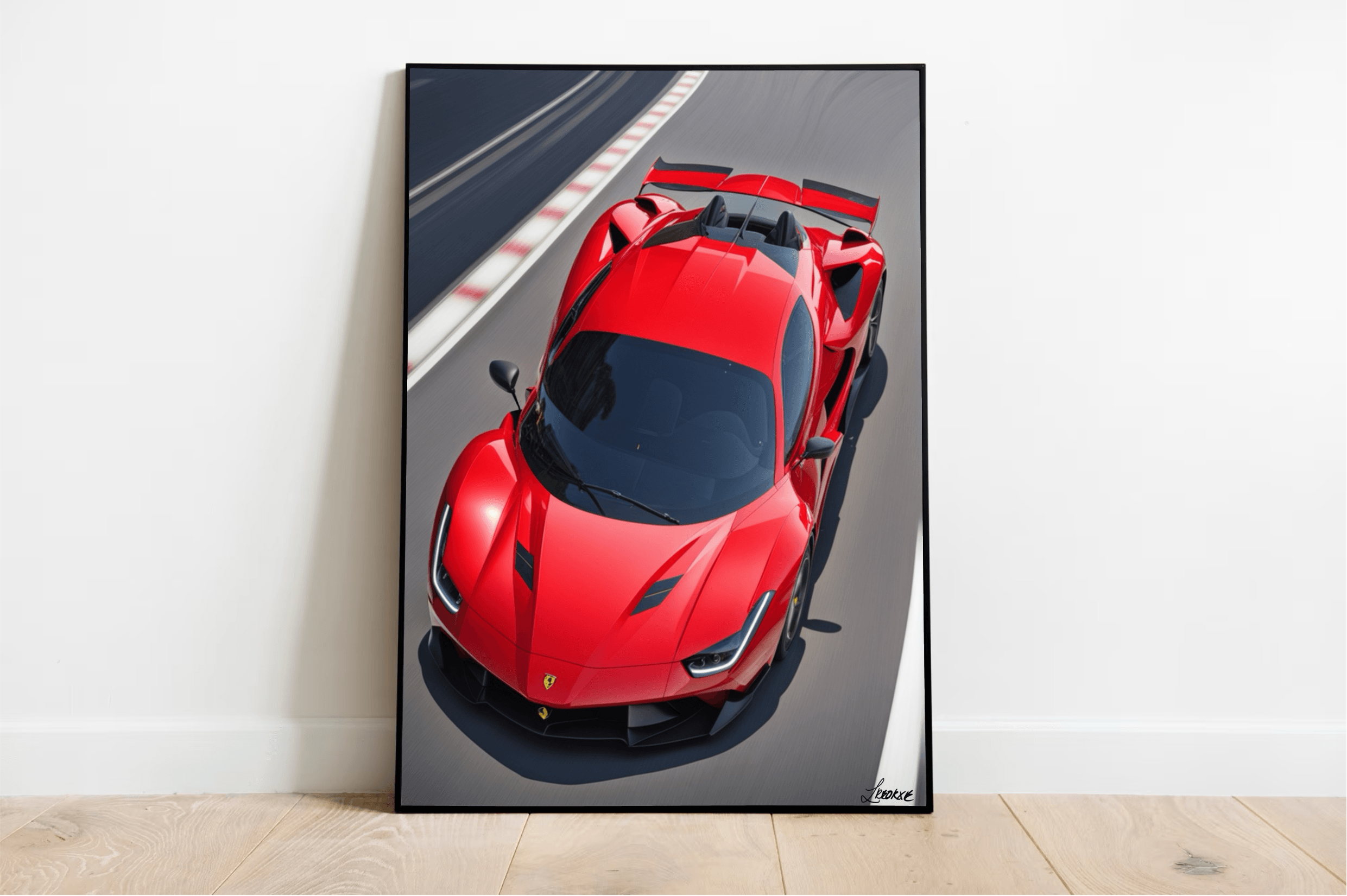 Rev up your living space with "Capture the Thrill: Ferrari F8 Artwork"! This stunning framed high gloss print is not just any art piece—it's a celebration of automotive excellence. The artwork features a sleek red Ferrari F8, strategically angled as if it's speeding on a race track, showcasing its sharp aerodynamic lines and impressive rear wing that shout high performance. Set against a minimalist white wall on a classic wooden floor, this masterpiece is sure to be the focal point in any room. Get ready to