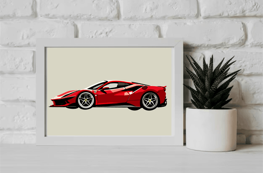 Minimalistic Ferrari SF90 Stradale print featuring a sleek red sports car. Available in A5, A4, and A3 sizes, perfect for car enthusiasts and modern décor