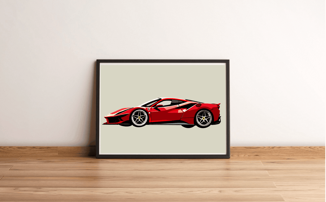 Minimalistic Ferrari SF90 Stradale print featuring a sleek red sports car. Available in A5, A4, and A3 sizes, perfect for car enthusiasts and modern décor