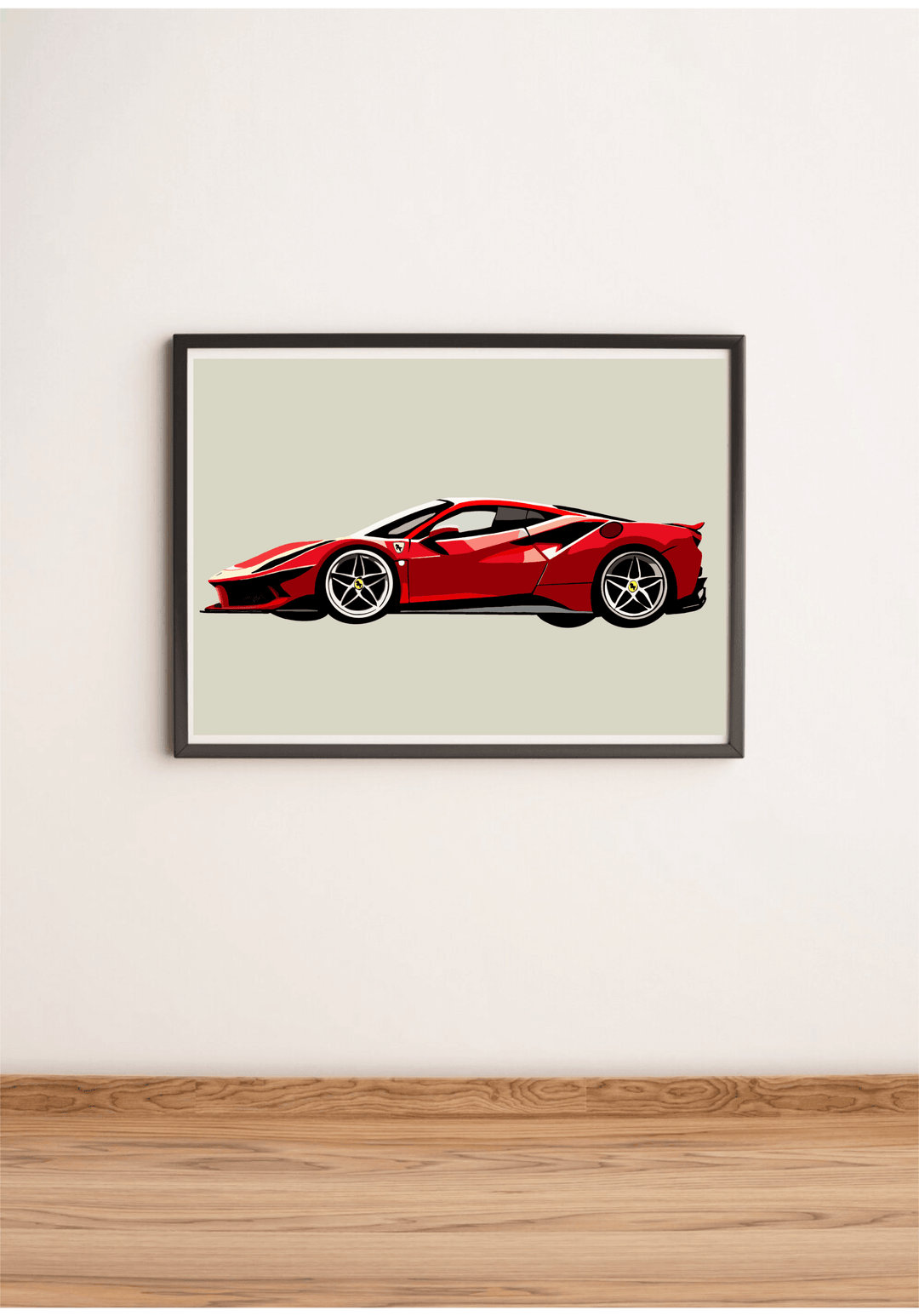 Minimalistic Ferrari SF90 Stradale print featuring a sleek red sports car. Available in A5, A4, and A3 sizes, perfect for car enthusiasts and modern décor