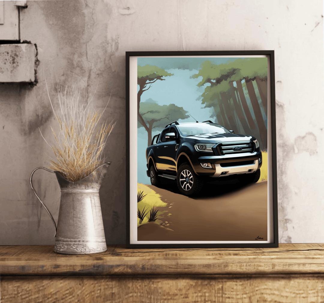 Introducing the Ford Ranger Jungle Art Print—a delightful piece perfect for adventure enthusiasts and art lovers alike! This stunning illustration features a sleek black pickup truck, reminiscent of the iconic Ford Ranger, skillfully navigating a winding dirt path. The journey is set against a dramatic backdrop of towering, stylized trees, with sunlight playfully streaming through the lush canopy. Framed and ready to steal the spotlight in any room, this captivating artwork elegantly leans against a pristin