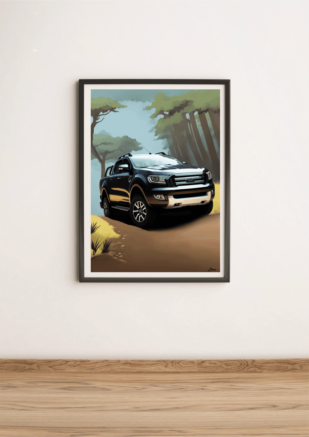 Introducing the Ford Ranger Jungle Art Print—a delightful piece perfect for adventure enthusiasts and art lovers alike! This stunning illustration features a sleek black pickup truck, reminiscent of the iconic Ford Ranger, skillfully navigating a winding dirt path. The journey is set against a dramatic backdrop of towering, stylized trees, with sunlight playfully streaming through the lush canopy. Framed and ready to steal the spotlight in any room, this captivating artwork elegantly leans against a pristin