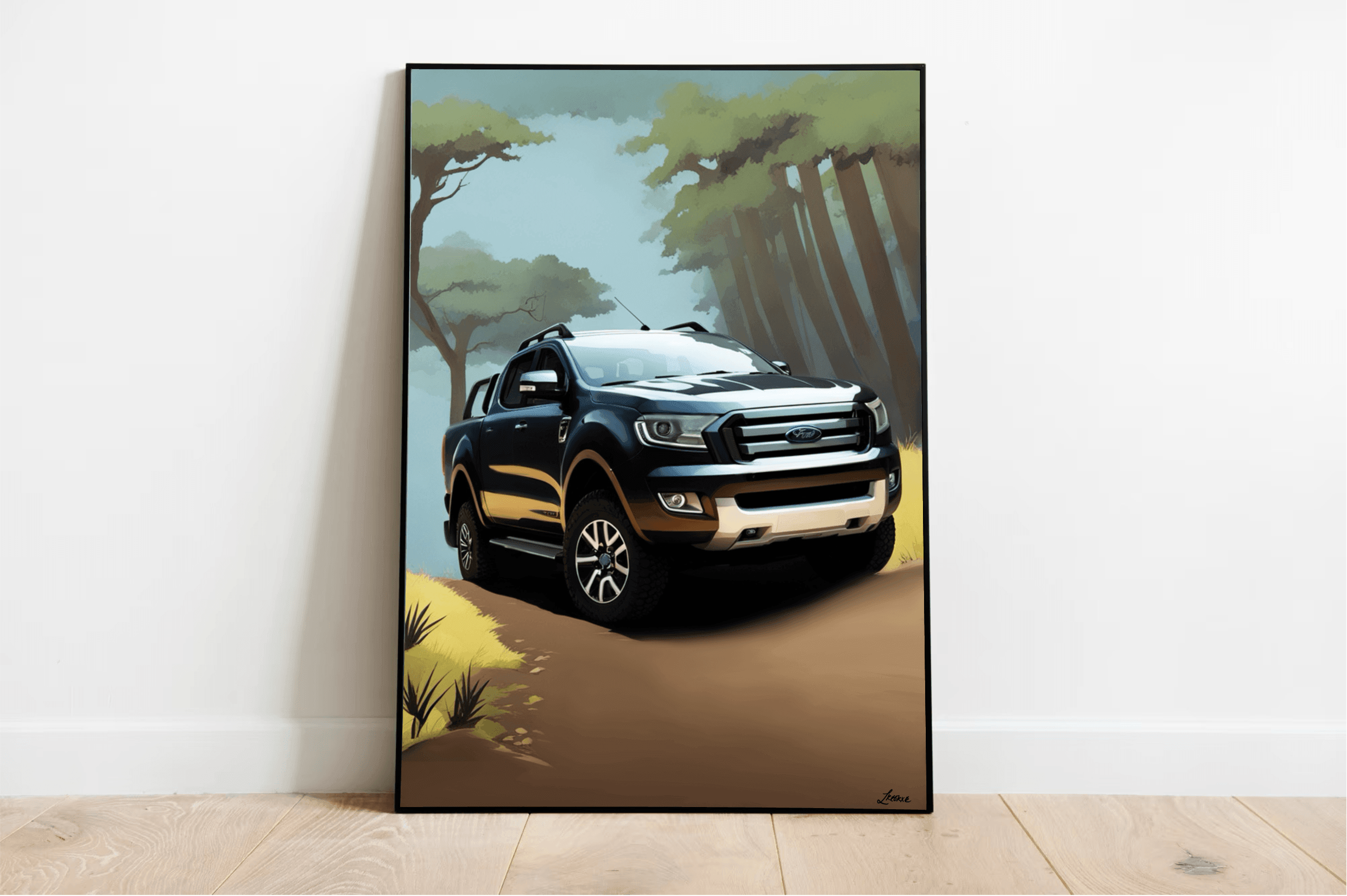 Introducing the Ford Ranger Jungle Art Print—a delightful piece perfect for adventure enthusiasts and art lovers alike! This stunning illustration features a sleek black pickup truck, reminiscent of the iconic Ford Ranger, skillfully navigating a winding dirt path. The journey is set against a dramatic backdrop of towering, stylized trees, with sunlight playfully streaming through the lush canopy. Framed and ready to steal the spotlight in any room, this captivating artwork elegantly leans against a pristin