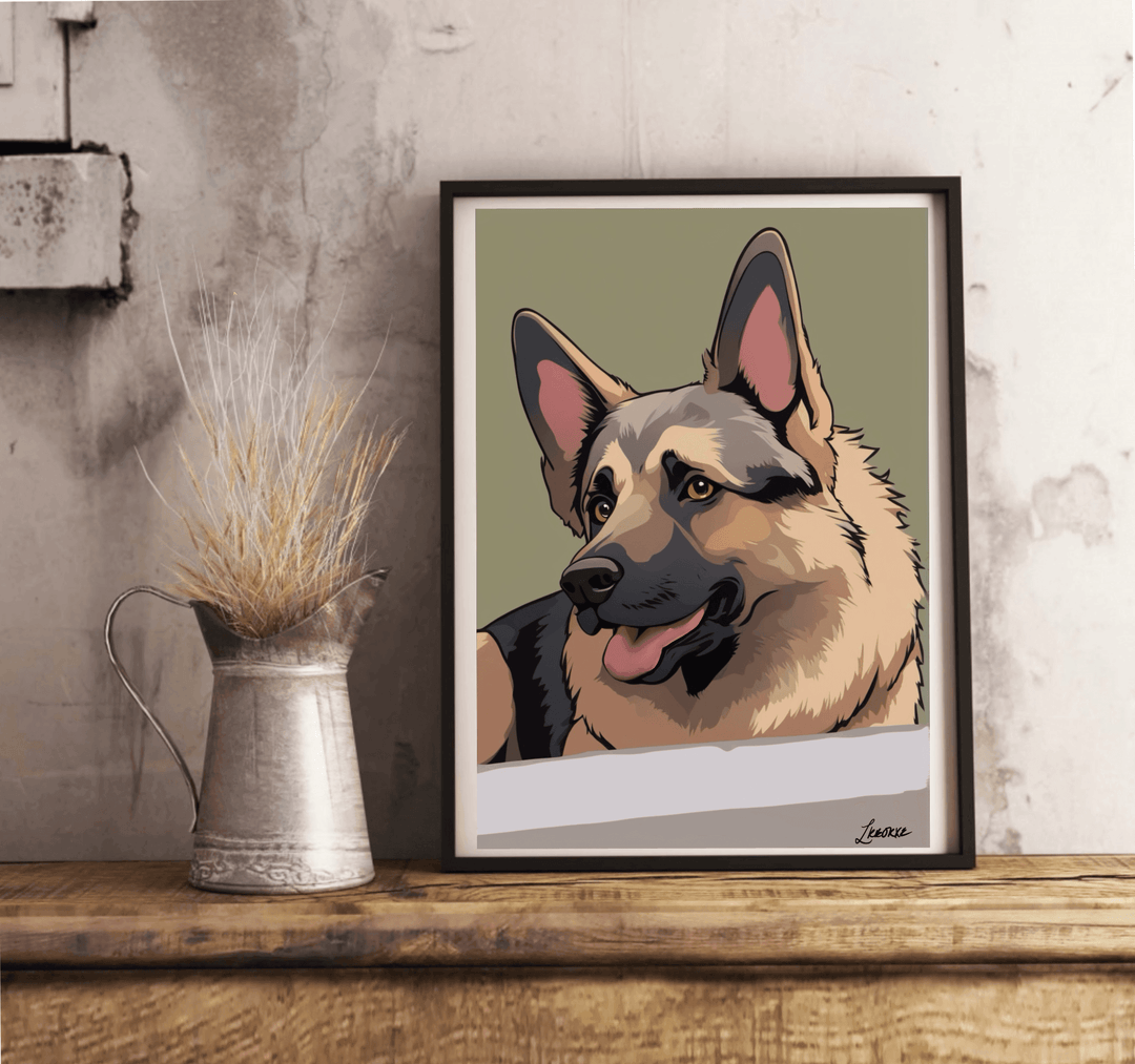 On a charming wooden shelf, you'll find a delightful framed piece of Whimsical German Shepherd Cartoon Artwork. This adorable artwork features a tan and black German Shepherd with its tongue playfully sticking out and its ears perked up, exuding joy! Alongside the frame is a rustic metal jug filled with dried grass, adding an earthy touch. The textured wall in the background perfectly complements the display, creating an inviting and cozy atmosphere.