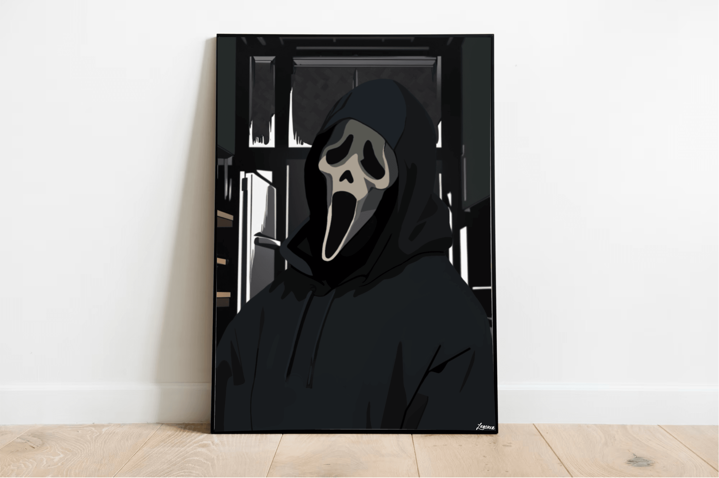 Introducing the "Hauntingly Captivating Ghost Face Picture - A Unique Art Piece!" This intriguing masterpiece showcases a figure draped in a mysterious black hooded cloak, wearing an elongated, white ghost mask that echoes the expression of a scream. Set against a pristine white wall, this artwork truly stands out. The dark, window-like backdrop heightens its supernatural vibe, while the wooden floor adds a stunning contrast to the deep tones of the image. Whether you're an art enthusiast or just love somet