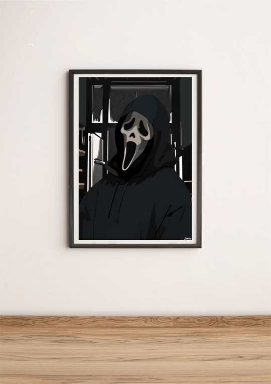Introducing the "Hauntingly Captivating Ghost Face Picture - A Unique Art Piece!" This intriguing masterpiece showcases a figure draped in a mysterious black hooded cloak, wearing an elongated, white ghost mask that echoes the expression of a scream. Set against a pristine white wall, this artwork truly stands out. The dark, window-like backdrop heightens its supernatural vibe, while the wooden floor adds a stunning contrast to the deep tones of the image. Whether you're an art enthusiast or just love somet