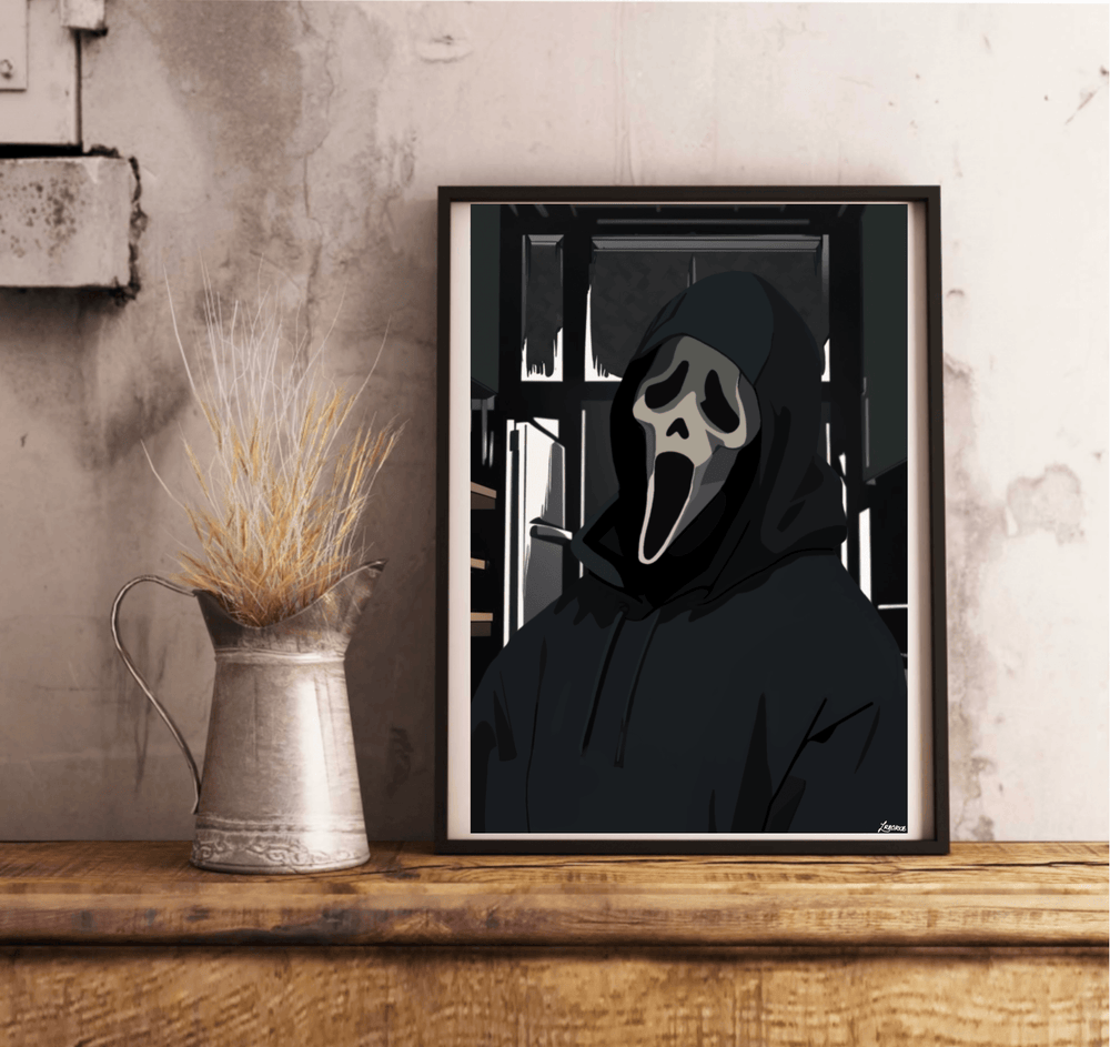Introducing the "Hauntingly Captivating Ghost Face Picture - A Unique Art Piece!" This intriguing masterpiece showcases a figure draped in a mysterious black hooded cloak, wearing an elongated, white ghost mask that echoes the expression of a scream. Set against a pristine white wall, this artwork truly stands out. The dark, window-like backdrop heightens its supernatural vibe, while the wooden floor adds a stunning contrast to the deep tones of the image. Whether you're an art enthusiast or just love somet