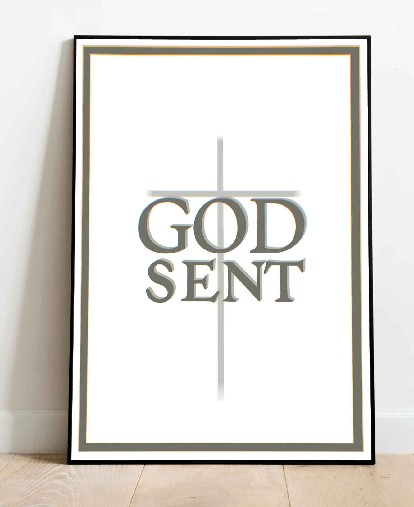 Picture this: a beautiful GODSENT Print effortlessly leaning against a pristine white wall on a cozy wooden floor, radiating a heavenly vibe. This stunning piece boldly showcases the words "GOD SENT" in large, eye-catching letters, perfectly dissected by a subtle gray cross that truly captures the spirit of GODSENT art. Its sleek black frame boasts an understated elegance, making it an absolute must-have for any art lover's collection!