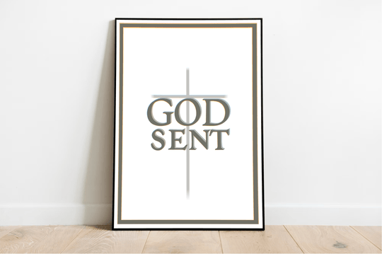 Picture this: a beautiful GODSENT Print effortlessly leaning against a pristine white wall on a cozy wooden floor, radiating a heavenly vibe. This stunning piece boldly showcases the words "GOD SENT" in large, eye-catching letters, perfectly dissected by a subtle gray cross that truly captures the spirit of GODSENT art. Its sleek black frame boasts an understated elegance, making it an absolute must-have for any art lover's collection!