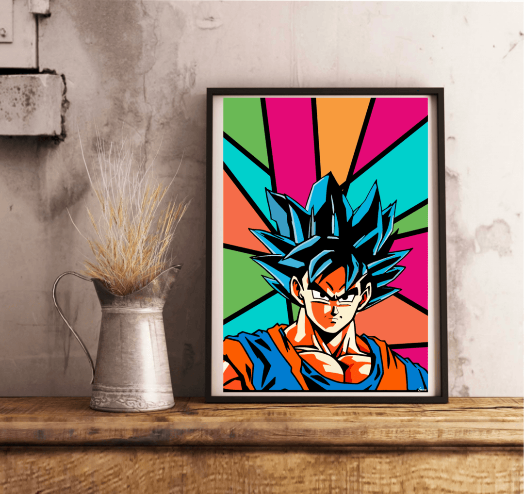 Introducing the eye-catching "Dynamic Dragon Ball Goku Pop Art Poster" – a must-have for any anime enthusiast! This vibrant masterpiece features Goku with his signature spiky blue hair and iconic orange and blue ensemble, all while sporting an intense expression that truly captures his dynamic spirit. The lively backdrop bursts with bold geometric shapes in electrifying shades of pink, orange, green, and cyan, bringing a splash of energy to any room. Framed to perfection, this poster is beautifully displaye