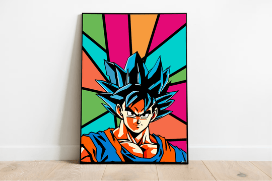 Introducing the eye-catching "Dynamic Dragon Ball Goku Pop Art Poster" – a must-have for any anime enthusiast! This vibrant masterpiece features Goku with his signature spiky blue hair and iconic orange and blue ensemble, all while sporting an intense expression that truly captures his dynamic spirit. The lively backdrop bursts with bold geometric shapes in electrifying shades of pink, orange, green, and cyan, bringing a splash of energy to any room. Framed to perfection, this poster is beautifully displaye