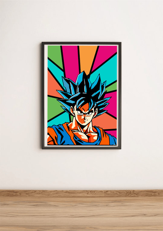 Introducing the eye-catching "Dynamic Dragon Ball Goku Pop Art Poster" – a must-have for any anime enthusiast! This vibrant masterpiece features Goku with his signature spiky blue hair and iconic orange and blue ensemble, all while sporting an intense expression that truly captures his dynamic spirit. The lively backdrop bursts with bold geometric shapes in electrifying shades of pink, orange, green, and cyan, bringing a splash of energy to any room. Framed to perfection, this poster is beautifully displaye