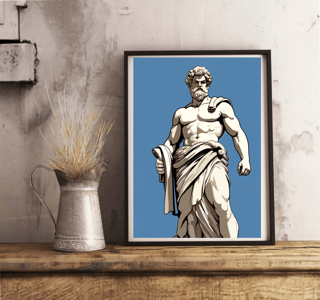 Introducing the stunning "Timeless Elegance Meets Modern Vibrance: Greek Statue Art Print"! This captivating framed art piece brings classical art to life with a striking portrayal of a muscular, bearded man elegantly draped in cloth, set against a tranquil blue background. Perfectly situated on a crisp white wall, this artwork effortlessly melds the charm of ancient times with modern sensibilities, creating a harmonious look that beautifully complements your light wooden floors. Add this enchanting piece t