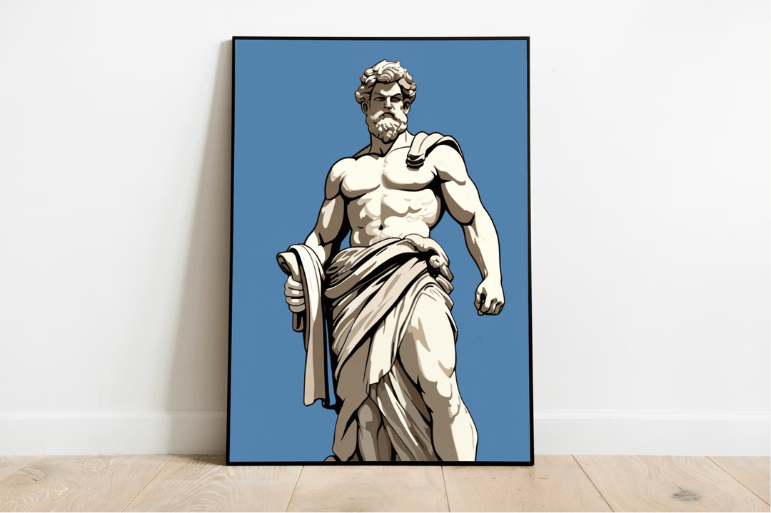 Introducing the stunning "Timeless Elegance Meets Modern Vibrance: Greek Statue Art Print"! This captivating framed art piece brings classical art to life with a striking portrayal of a muscular, bearded man elegantly draped in cloth, set against a tranquil blue background. Perfectly situated on a crisp white wall, this artwork effortlessly melds the charm of ancient times with modern sensibilities, creating a harmonious look that beautifully complements your light wooden floors. Add this enchanting piece t