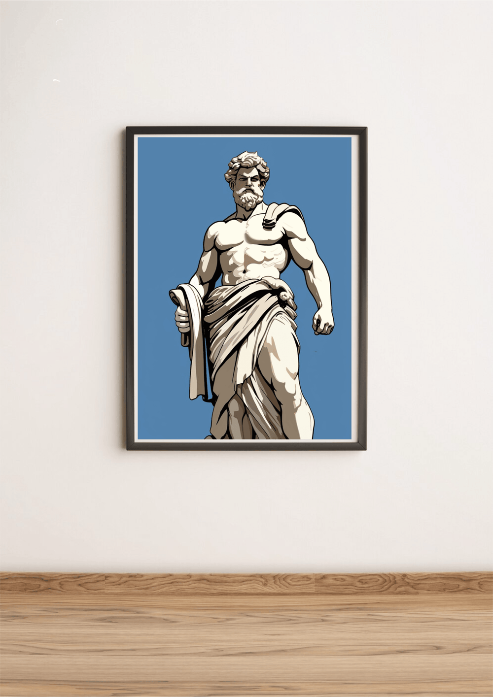 Introducing the stunning "Timeless Elegance Meets Modern Vibrance: Greek Statue Art Print"! This captivating framed art piece brings classical art to life with a striking portrayal of a muscular, bearded man elegantly draped in cloth, set against a tranquil blue background. Perfectly situated on a crisp white wall, this artwork effortlessly melds the charm of ancient times with modern sensibilities, creating a harmonious look that beautifully complements your light wooden floors. Add this enchanting piece t