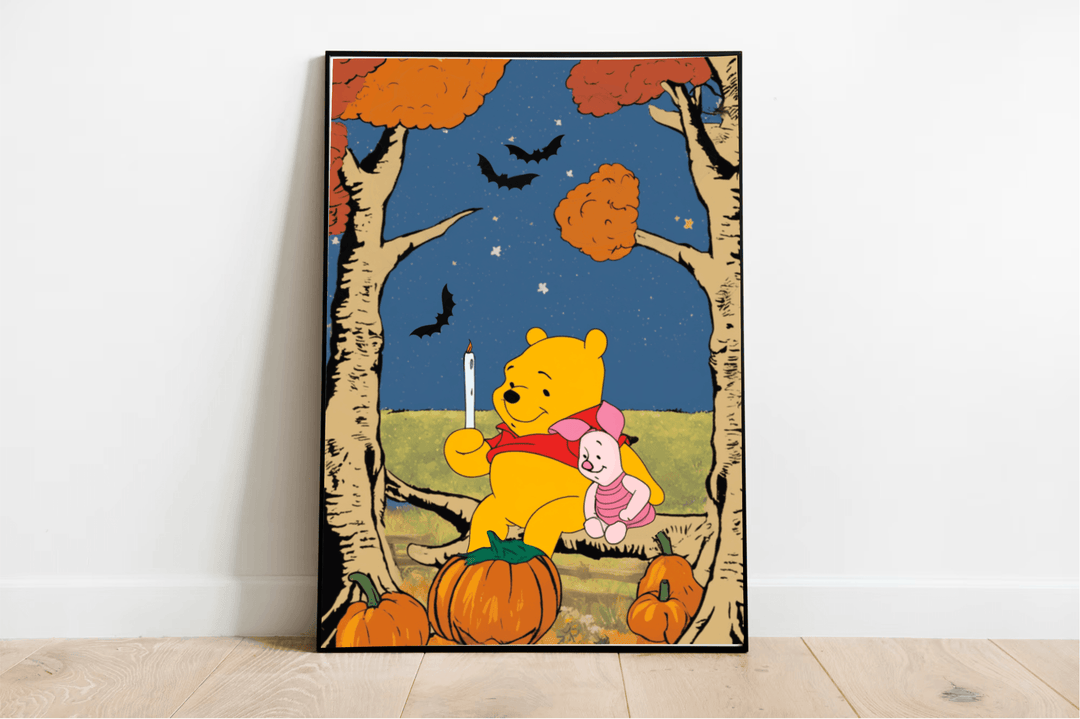 Adorable Halloween-themed poster featuring Winnie the Pooh sitting among pumpkins, perfect for fans of the classic bear and spooky season decor. A playful addition to any room - Baby Keo