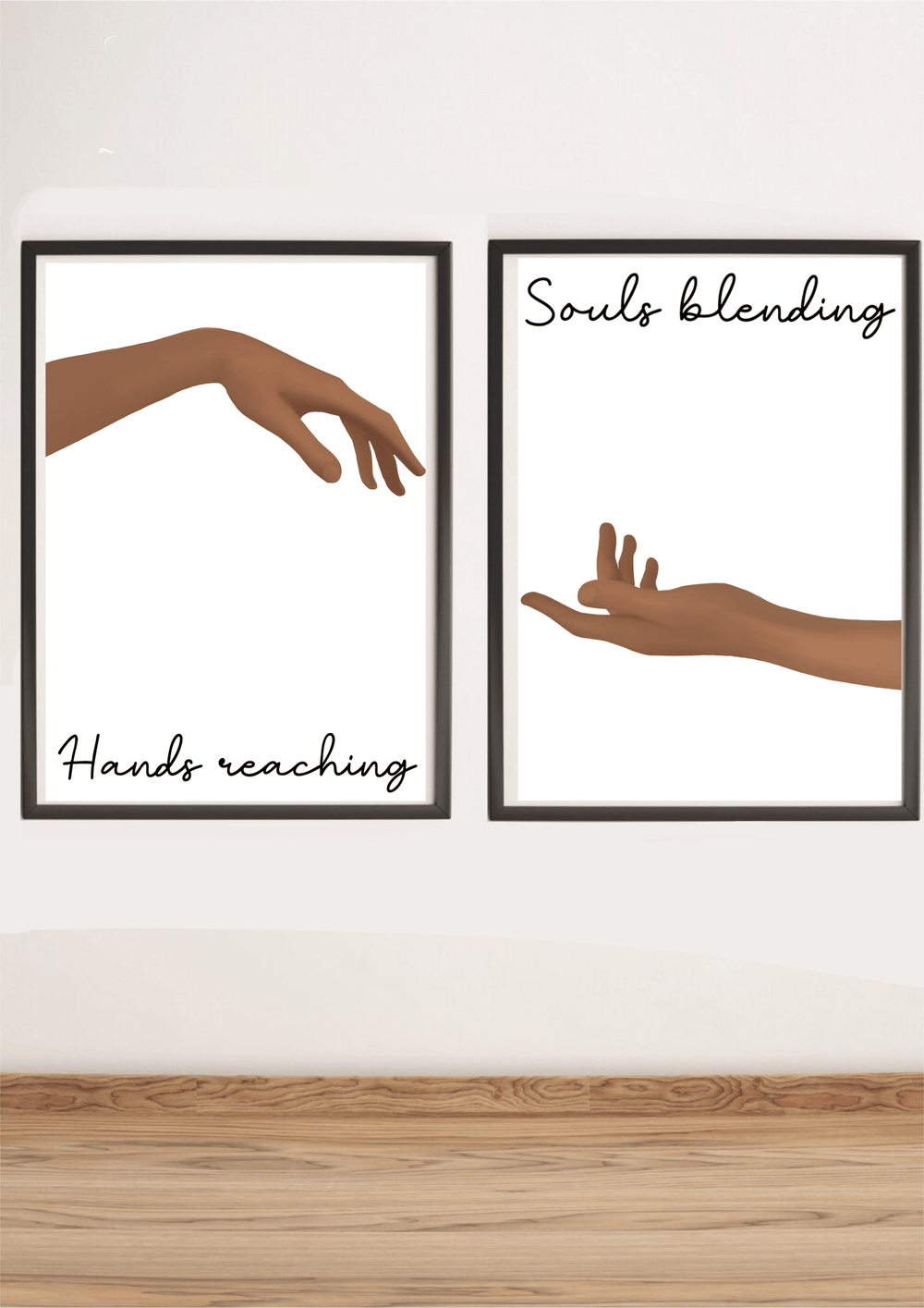Discover the enchanting two-piece art set, "Hands Reaching &amp; Souls Blending," beautifully displayed on a warm wooden floor. On the left, you'll find a captivating illustration of a hand stretching downward, perfectly capturing the essence of "Hands Reaching." Meanwhile, to the right, another striking artwork showcases an upward-reaching hand with the inspiring phrase "Souls Blending." Both pieces are masterfully crafted against crisp white backgrounds and elegantly enclosed in sleek black frames. It's a