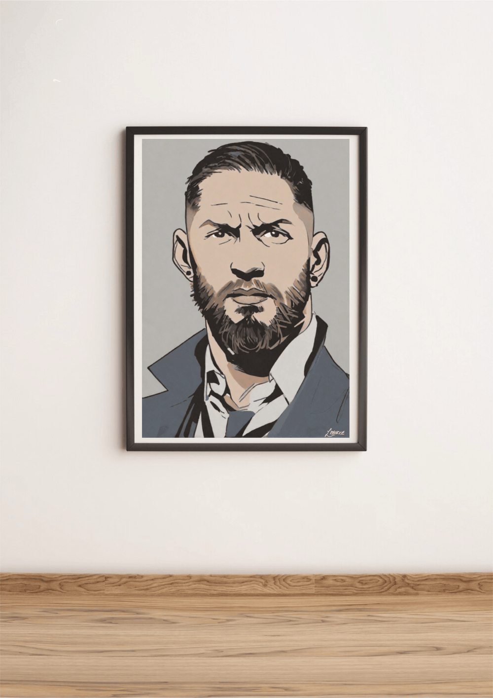 Introducing our "Tom Hardy Cartoon-Styled Portrait" – a charming addition to any space that captures the brooding essence of this iconic actor! This framed illustration features Tom sporting a beard and exuding a serious vibe in his sharp collared shirt and jacket. The print's bold design truly stands out with its vibrant yet muted color palette and striking outlines. Imagine it propped beautifully against a pristine white wall, sitting on a wooden floor, ready to lend an artistic flair to your room. Perfec