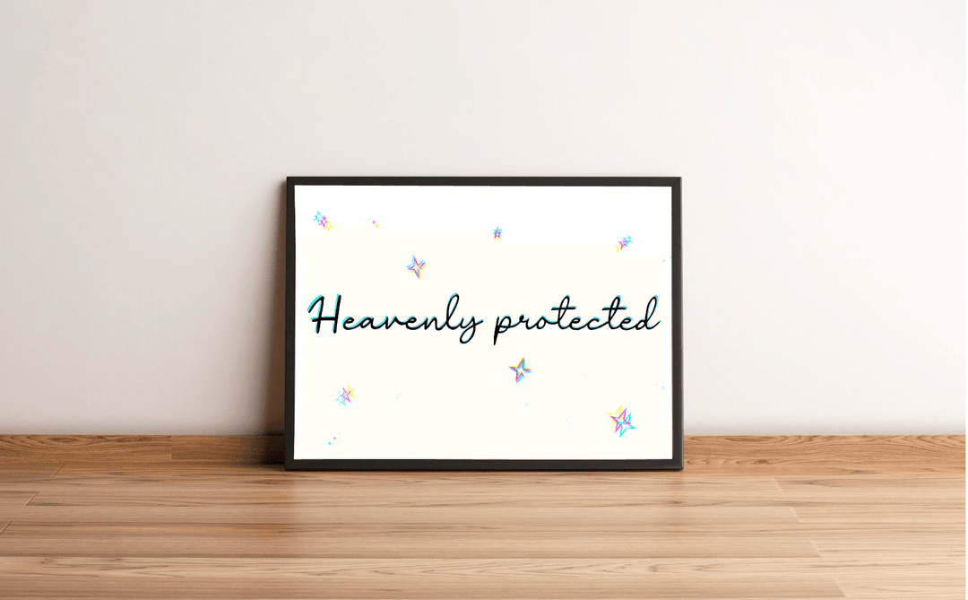 Introducing the captivating framed art print, "Heavenly Protected"! This beautiful piece is showcased elegantly against a simple white wall and rustic wooden floor, ready to bring a touch of serenity to any space. The art features graceful teal script intertwined with vibrant, star-like shapes set on a soft background. It exudes an enchanting aura of celestial protection that’s perfect for adding a heavenly vibe to your home décor!