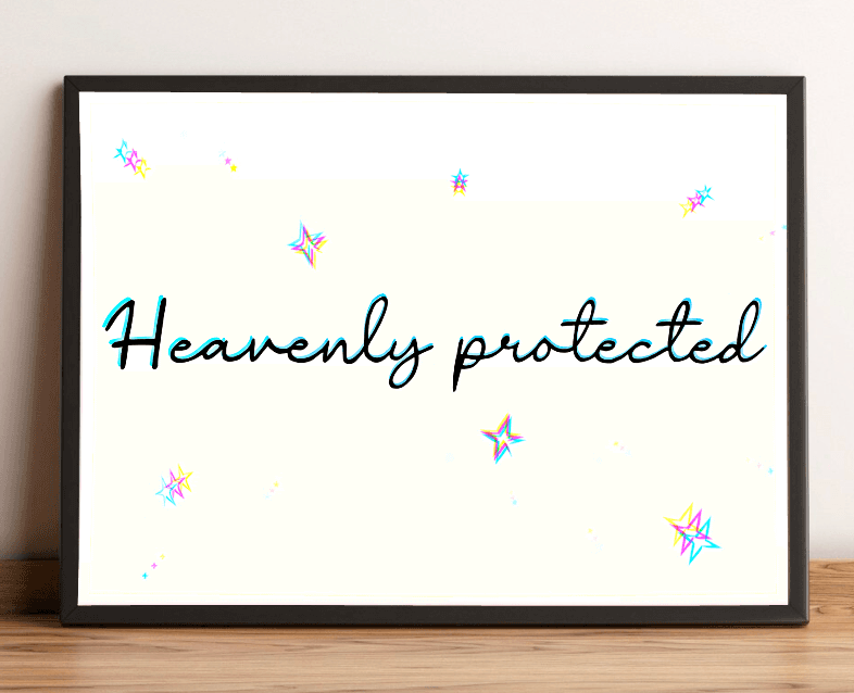 Introducing the captivating framed art print, "Heavenly Protected"! This beautiful piece is showcased elegantly against a simple white wall and rustic wooden floor, ready to bring a touch of serenity to any space. The art features graceful teal script intertwined with vibrant, star-like shapes set on a soft background. It exudes an enchanting aura of celestial protection that’s perfect for adding a heavenly vibe to your home décor!
