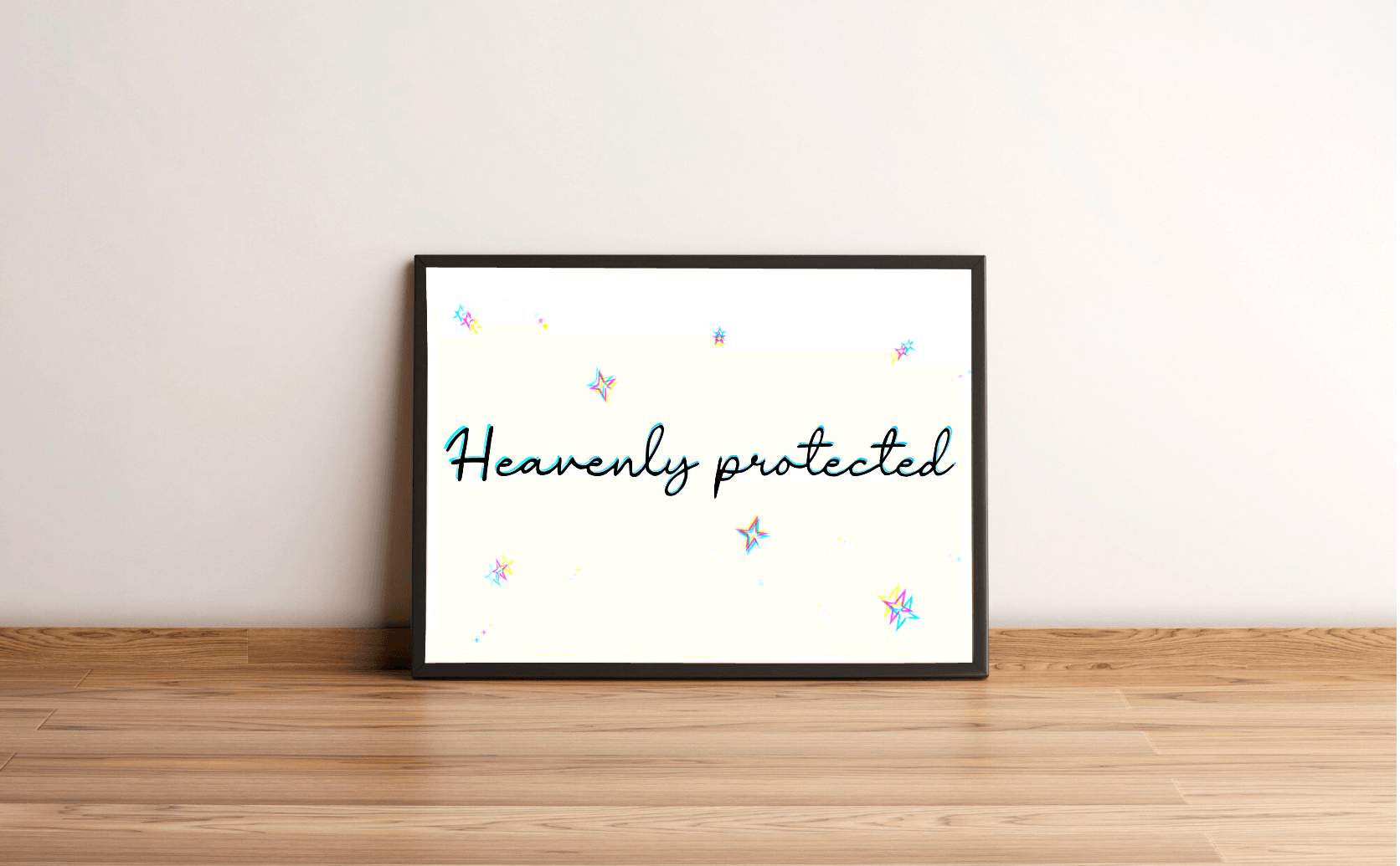 Introducing the captivating framed art print, "Heavenly Protected"! This beautiful piece is showcased elegantly against a simple white wall and rustic wooden floor, ready to bring a touch of serenity to any space. The art features graceful teal script intertwined with vibrant, star-like shapes set on a soft background. It exudes an enchanting aura of celestial protection that’s perfect for adding a heavenly vibe to your home décor!