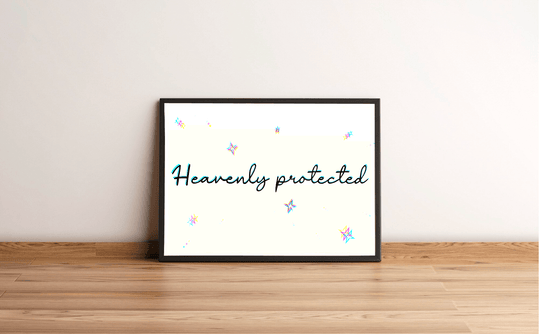 Introducing the captivating framed art print, "Heavenly Protected"! This beautiful piece is showcased elegantly against a simple white wall and rustic wooden floor, ready to bring a touch of serenity to any space. The art features graceful teal script intertwined with vibrant, star-like shapes set on a soft background. It exudes an enchanting aura of celestial protection that’s perfect for adding a heavenly vibe to your home décor!