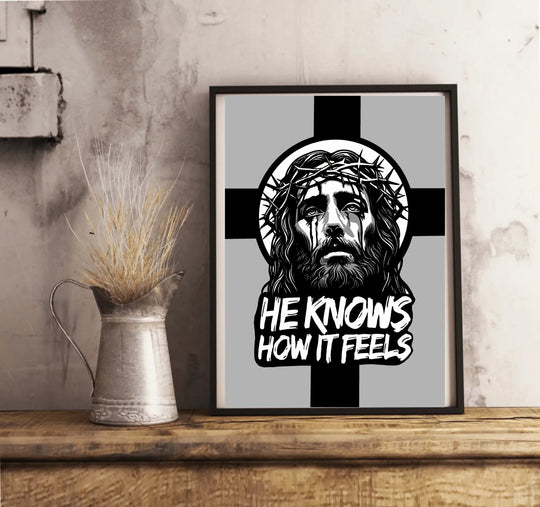 He Knows How It Feels" - A striking monochrome illustration of Jesus Christ, crowned with thorns, with tear-like shadows, symbolizing divine empathy and suffering.