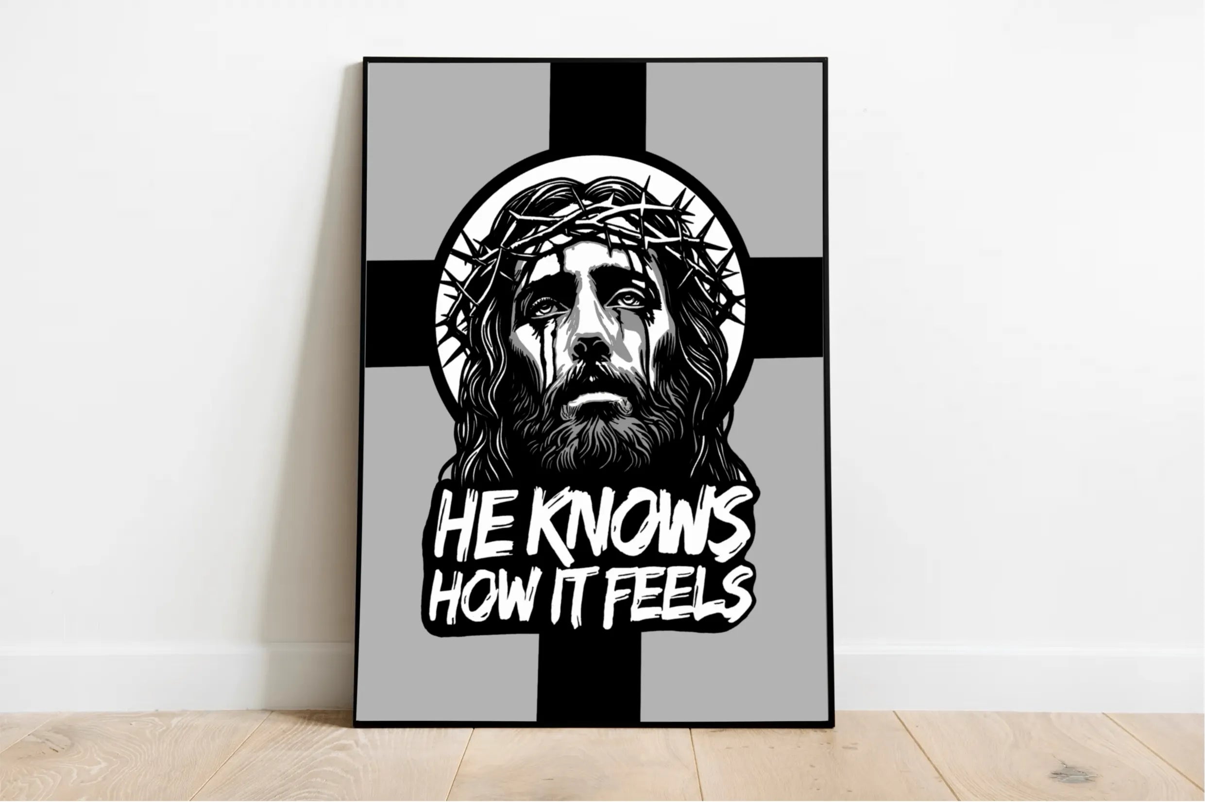 He Knows How It Feels" - A striking monochrome illustration of Jesus Christ, crowned with thorns, with tear-like shadows, symbolizing divine empathy and suffering.