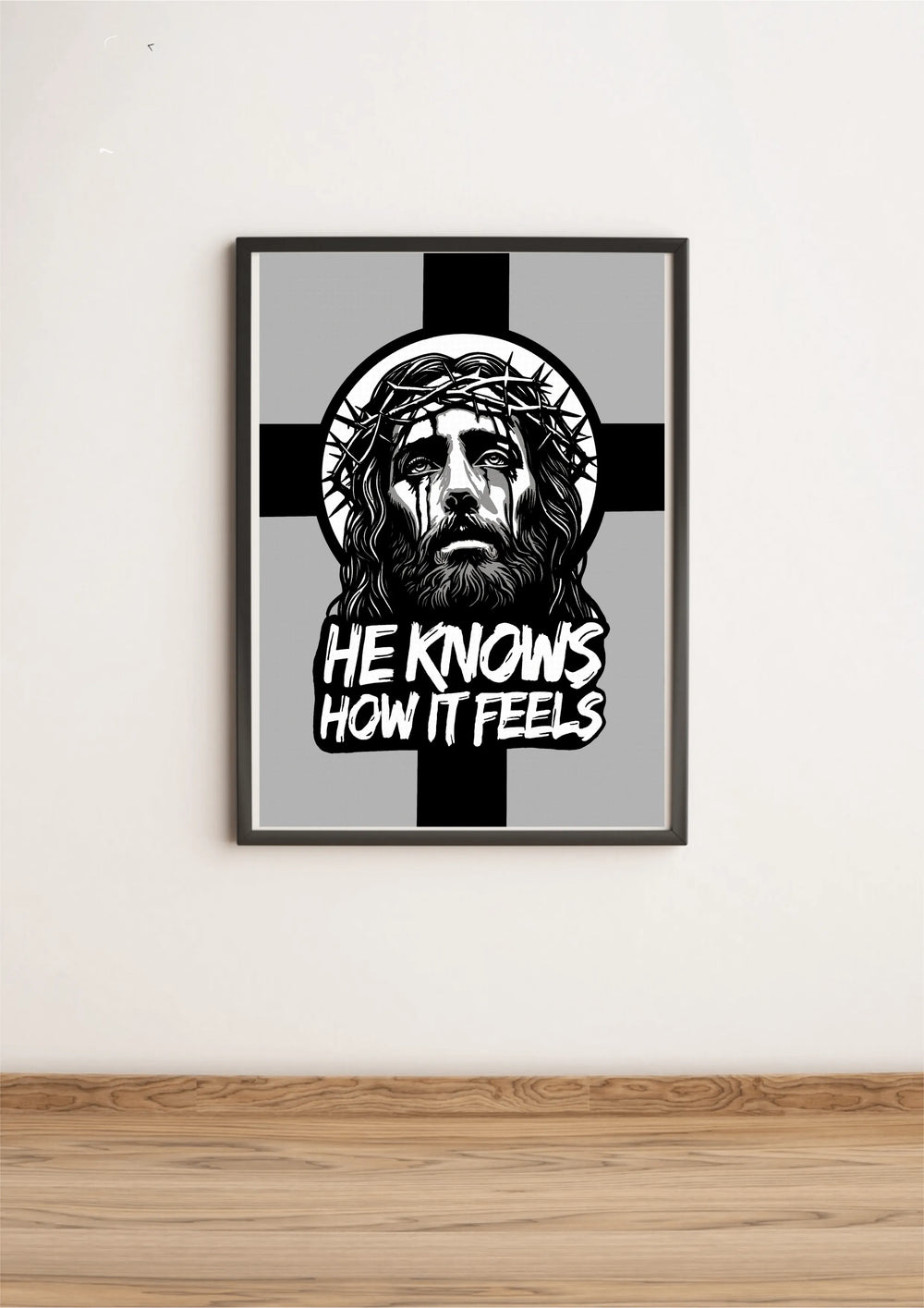 He Knows How It Feels" - A striking monochrome illustration of Jesus Christ, crowned with thorns, with tear-like shadows, symbolizing divine empathy and suffering.