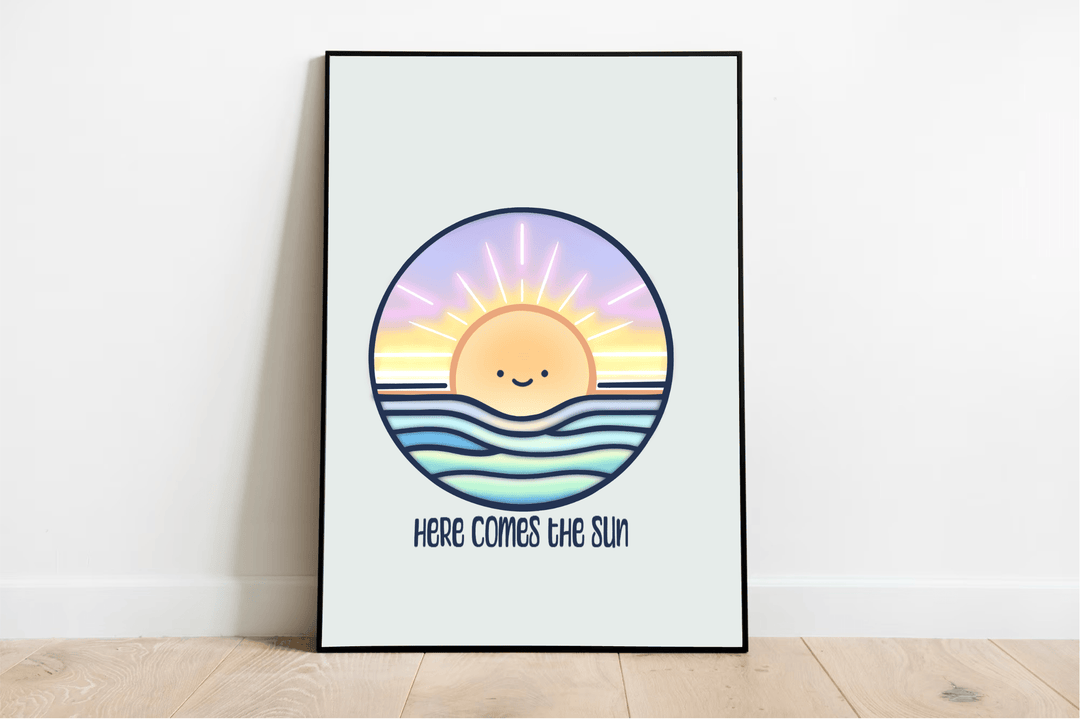 Brighten up your space with the charming "Here Comes the Sun Print"! This framed art piece beautifully captures a minimalist sun rising cheerfully, with its striking purple and yellow rays spreading over elegantly stylized waves. Below this stunning circular design, you’ll find the uplifting text "Here Comes The Sun." Perfectly poised on a light wooden floor against a crisp white wall, it adds an inviting touch to any room.