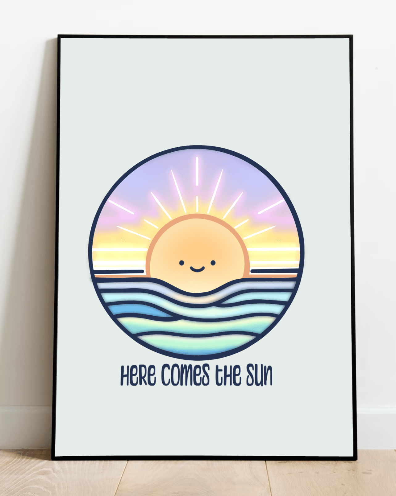 Brighten up your space with the charming "Here Comes the Sun Print"! This framed art piece beautifully captures a minimalist sun rising cheerfully, with its striking purple and yellow rays spreading over elegantly stylized waves. Below this stunning circular design, you’ll find the uplifting text "Here Comes The Sun." Perfectly poised on a light wooden floor against a crisp white wall, it adds an inviting touch to any room.