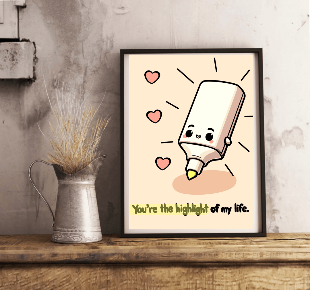 Introducing the "Highlight of My Life Art Print" – a delightful and heartwarming piece that's perfect for brightening any space! This charming framed artwork showcases a cheerful cartoon highlighter beaming with radiant lines, surrounded by three adorable hearts, all set against a soothing soft peach background. The sweet message at the bottom, "You're the highlight of my life," adds an extra touch of meaning to this lovely gift. Whether you're looking to surprise someone special or add a splash of joy to y