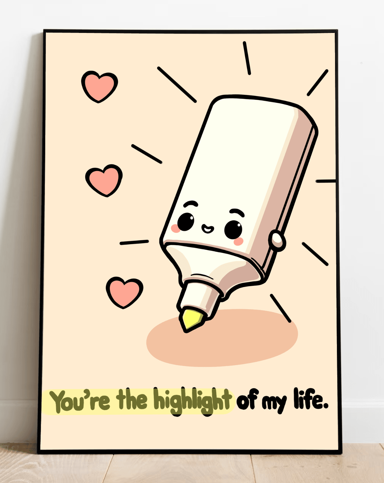 Introducing the "Highlight of My Life Art Print" – a delightful and heartwarming piece that's perfect for brightening any space! This charming framed artwork showcases a cheerful cartoon highlighter beaming with radiant lines, surrounded by three adorable hearts, all set against a soothing soft peach background. The sweet message at the bottom, "You're the highlight of my life," adds an extra touch of meaning to this lovely gift. Whether you're looking to surprise someone special or add a splash of joy to y