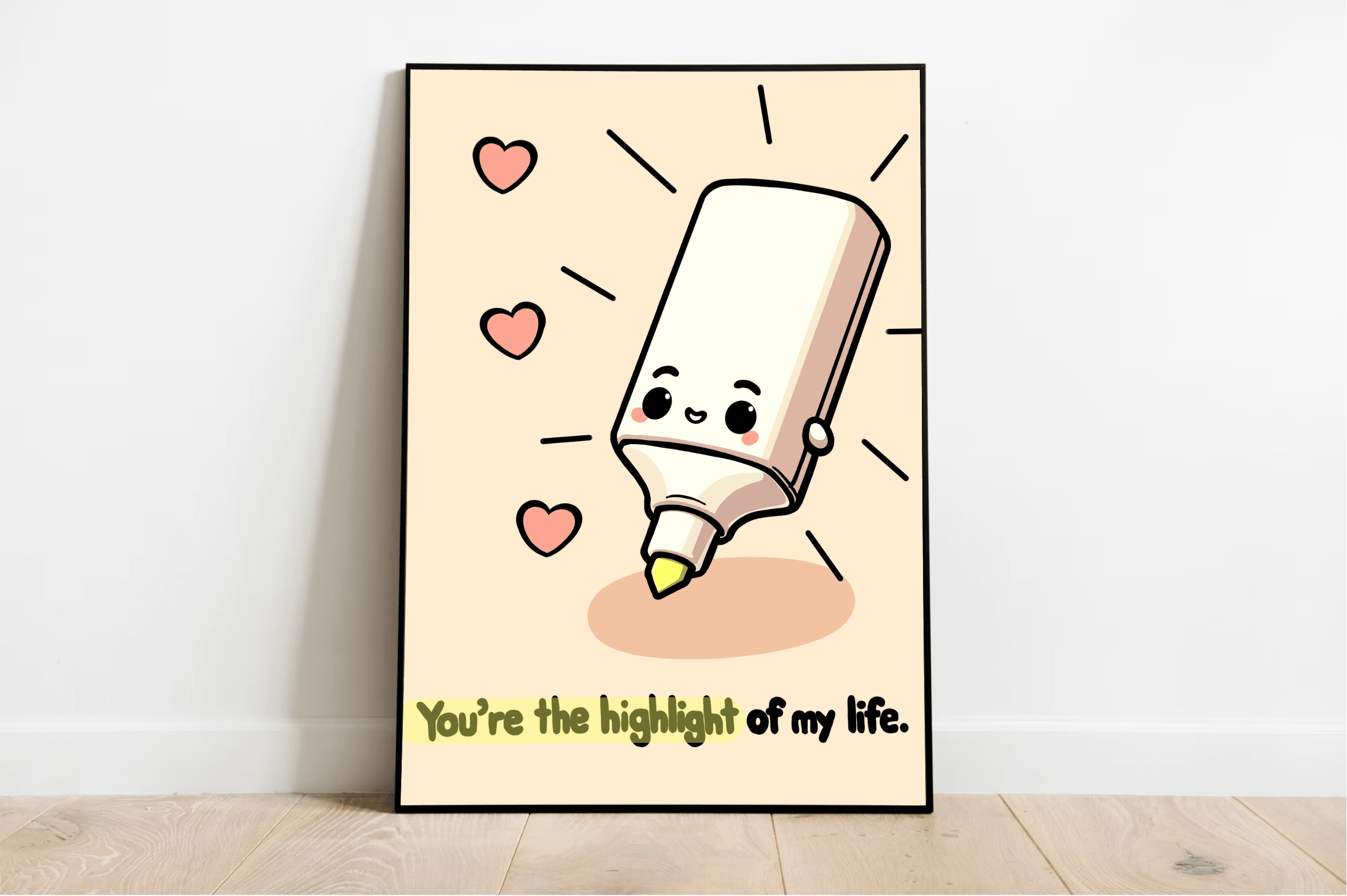 Introducing the "Highlight of My Life Art Print" – a delightful and heartwarming piece that's perfect for brightening any space! This charming framed artwork showcases a cheerful cartoon highlighter beaming with radiant lines, surrounded by three adorable hearts, all set against a soothing soft peach background. The sweet message at the bottom, "You're the highlight of my life," adds an extra touch of meaning to this lovely gift. Whether you're looking to surprise someone special or add a splash of joy to y