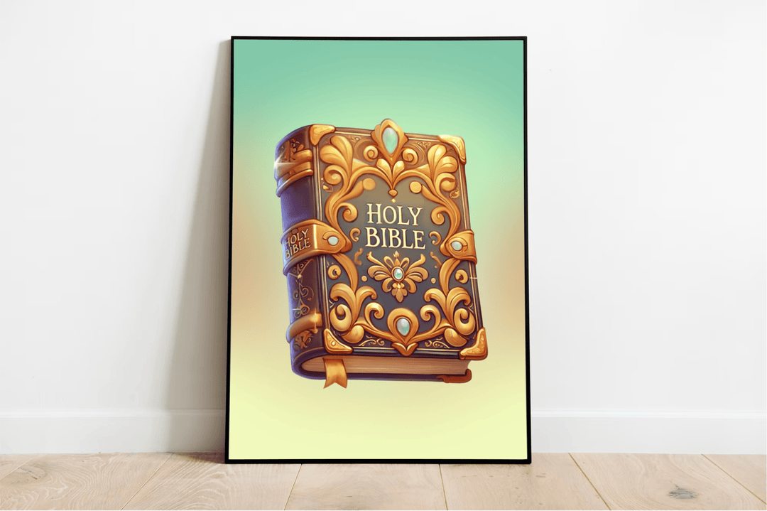 Brighten up your space with a stunning framed Holy Bible print that effortlessly combines elegance and spirituality. This eye-catching piece showcases an intricate gold pattern on its ornate cover, highlighted by a warm, glowing effect that radiates serenity. Perfectly placed against a light-colored wall and resting on a wooden floor, the background adds an extra touch of charm as it gently transitions from soft green to a cheerful yellow. This beautiful print is sure to inspire peace and grace in any room!