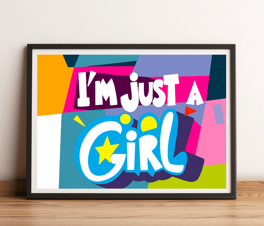Meet the lively "I'm Just a Girl Print" poster! This vibrant piece rests charmingly on a wooden floor against a crisp white wall. It proudly flaunts the empowering phrase "I'm just a girl" in a playful, bold font bursting with bright colors like pink, purple, blue, and green. Adding an extra touch of creativity, a cheerful yellow star takes the place of the dot over the "i" in "girl." This eye-catching framed poster is sure to brighten any space!