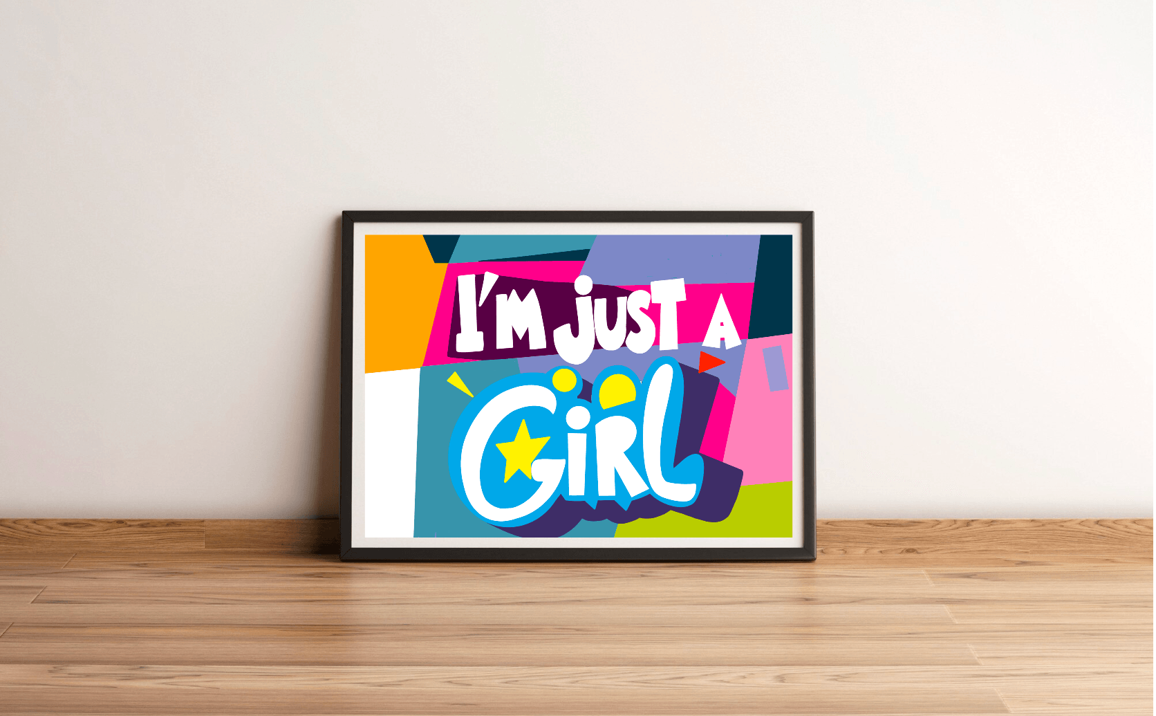 Meet the lively "I'm Just a Girl Print" poster! This vibrant piece rests charmingly on a wooden floor against a crisp white wall. It proudly flaunts the empowering phrase "I'm just a girl" in a playful, bold font bursting with bright colors like pink, purple, blue, and green. Adding an extra touch of creativity, a cheerful yellow star takes the place of the dot over the "i" in "girl." This eye-catching framed poster is sure to brighten any space!