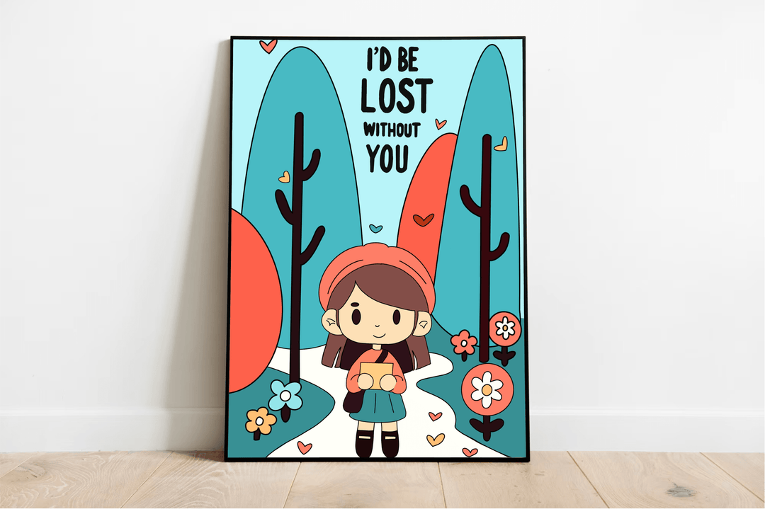 Brighten up your space with this charming high-gloss framed poster, leaning effortlessly against the wall and featuring the delightful art of a cartoon girl hugging her teddy bear. Enveloped in a lively setting of vibrant trees and flowers, the background comes alive with rich shades of teal and orange. At the top, you'll find the heartwarming phrase: "I'D BE LOST WITHOUT YOU." This enchanting artwork is beautifully titled "I'd Be Lost Without You Print." Add a touch of whimsy to your decor today!