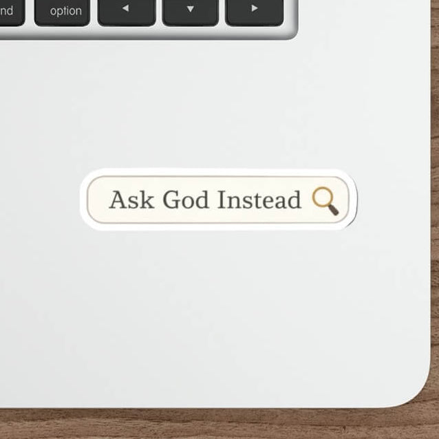 Minimal ‘Ask God Instead’ vinyl sticker designed like a search bar with magnifying glass icon.