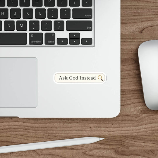 Minimal ‘Ask God Instead’ vinyl sticker designed like a search bar with magnifying glass icon.