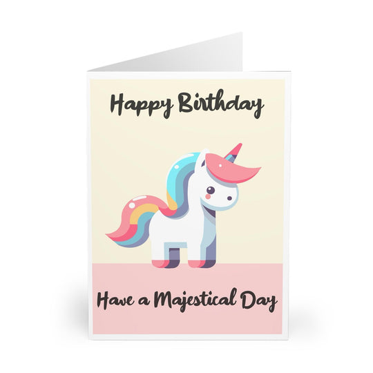 Whimsical birthday card featuring a colorful unicorn and the phrase &