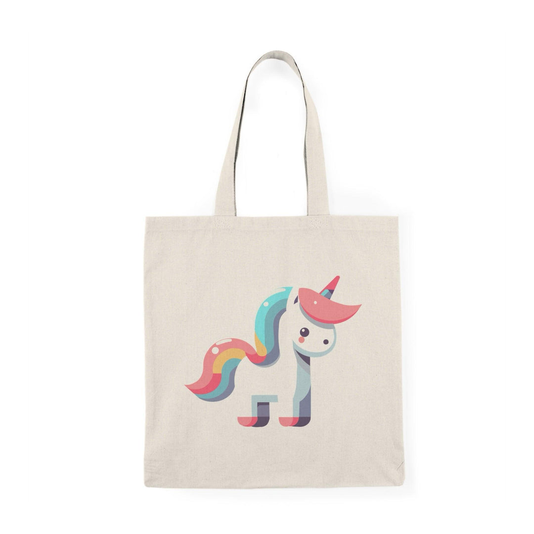 A natural canvas tote bag featuring a vibrant illustration of a colorful unicorn. The whimsical design adds a touch of magic and fantasy, making it an enchanting accessory for unicorn enthusiasts and dreamers.