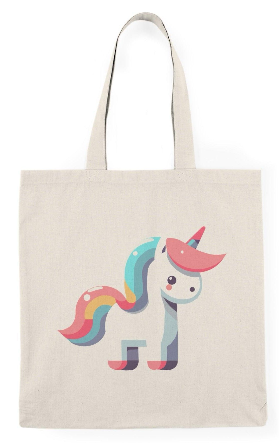 A natural canvas tote bag featuring a vibrant illustration of a colorful unicorn. The whimsical design adds a touch of magic and fantasy, making it an enchanting accessory for unicorn enthusiasts and dreamers.
