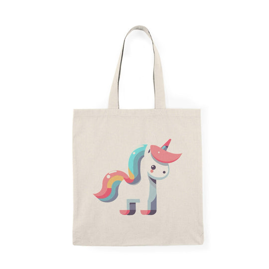 A natural canvas tote bag featuring a vibrant illustration of a colorful unicorn. The whimsical design adds a touch of magic and fantasy, making it an enchanting accessory for unicorn enthusiasts and dreamers.