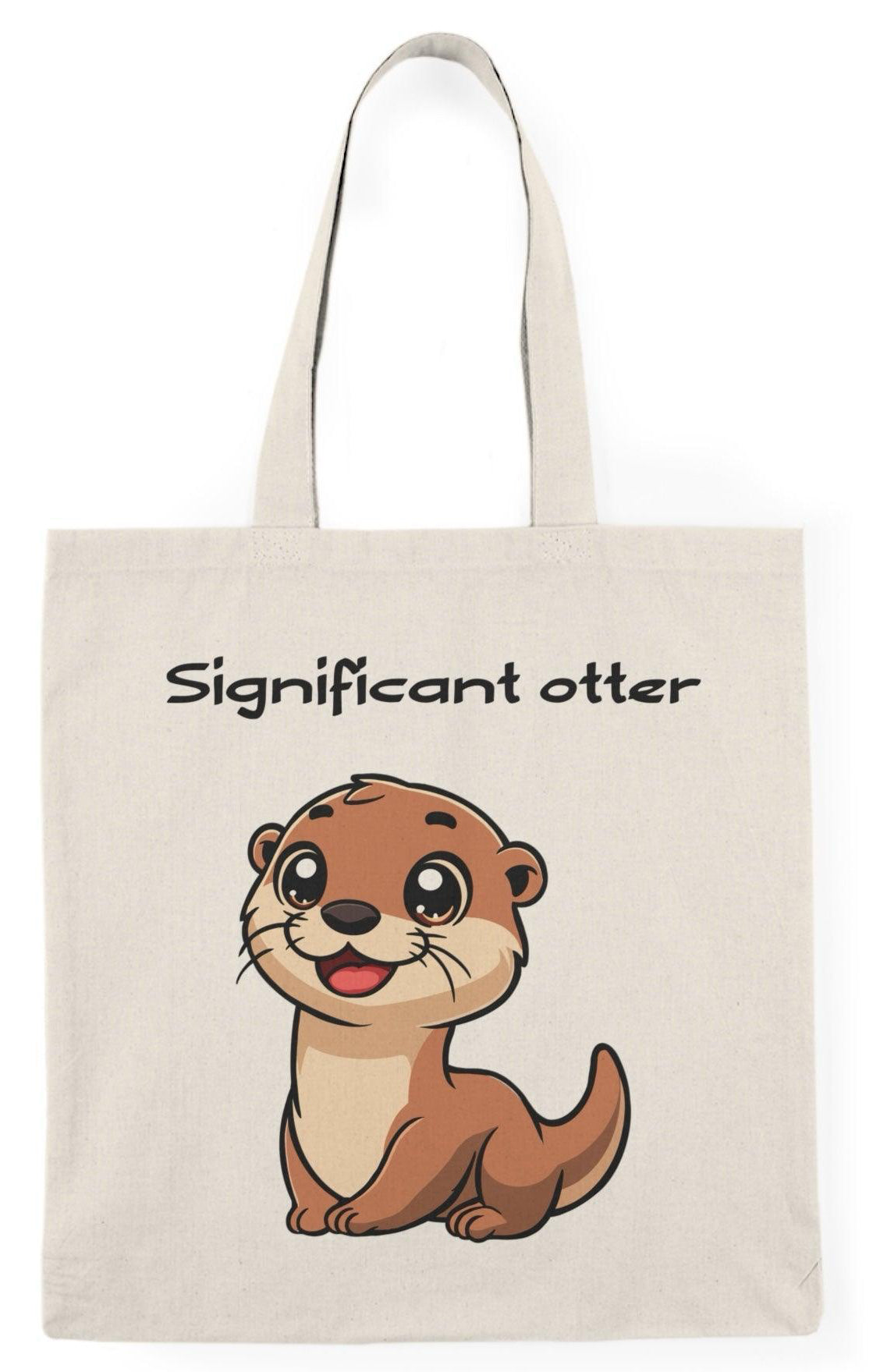 A cream tote bag featuring an adorable illustration of a smiling otter with the text 'Significant Otter.' The cute design celebrates love and companionship, perfect for animal lovers and those who enjoy puns. KEOLIX
