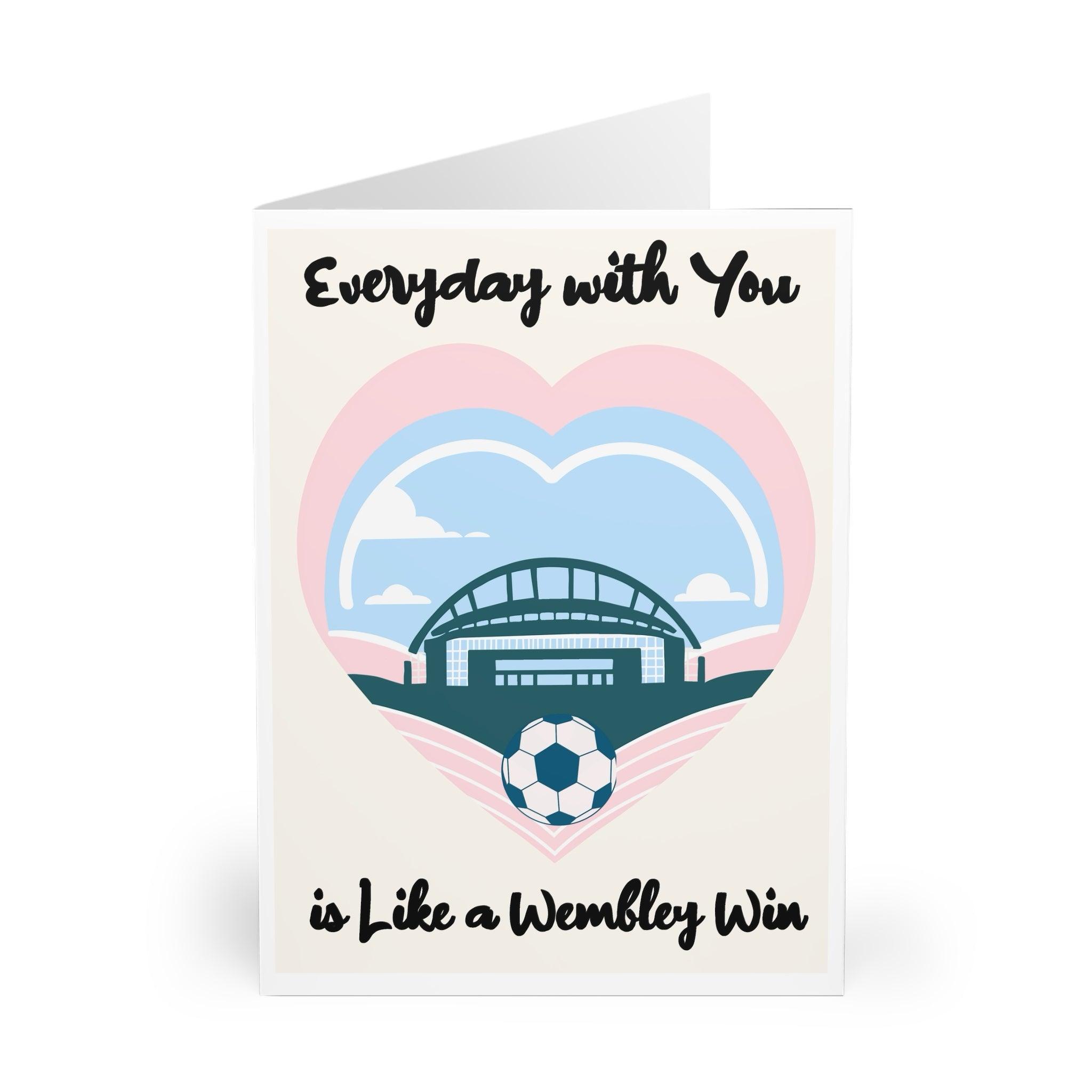 Fun and romantic card featuring Wembley Stadium with a heart background and the phrase 'Everyday with You is Like a Wembley Win.' Perfect for football fans or as a playful romantic gesture - Baby Keo.