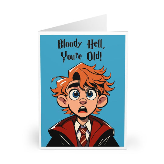 Humorous birthday card featuring a shocked red-headed character with the phrase 'Bloody Hell, You're Old!' A funny and lighthearted way to celebrate a milestone birthday - Baby Keo