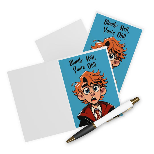 Humorous birthday card featuring a shocked red-headed character with the phrase 'Bloody Hell, You're Old!' A funny and lighthearted way to celebrate a milestone birthday - Baby Keo