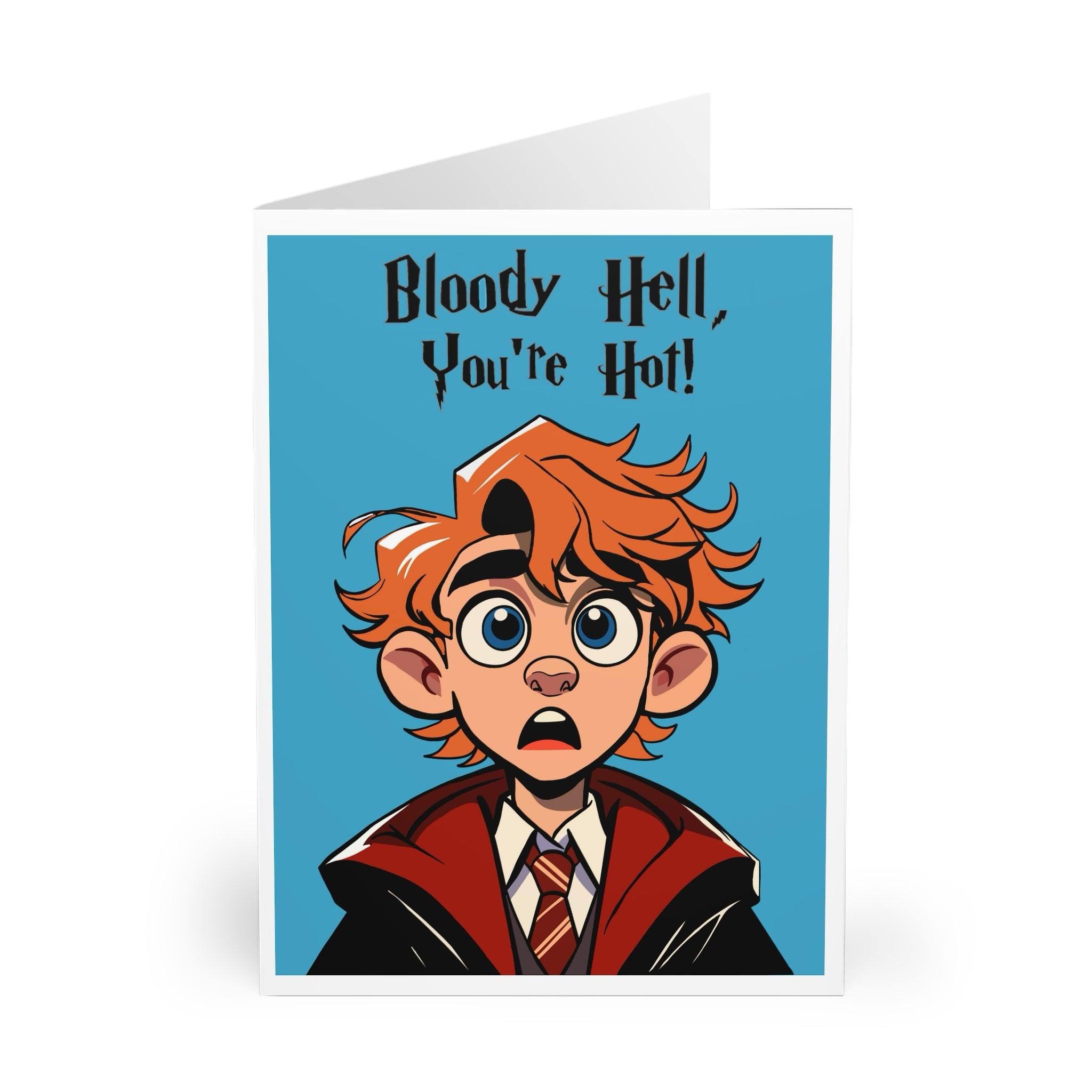 Funny greeting card featuring a surprised red-headed character in a school uniform with the phrase 'Bloody Hell, You're Hot!' Perfect for expressing admiration with a touch of British humor - Baby Keo."